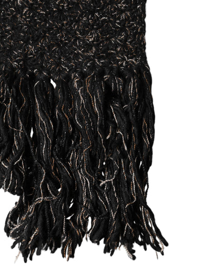 Dolce & Gabbana Black Wool Fringes Neck Wrap Foulard Scarf