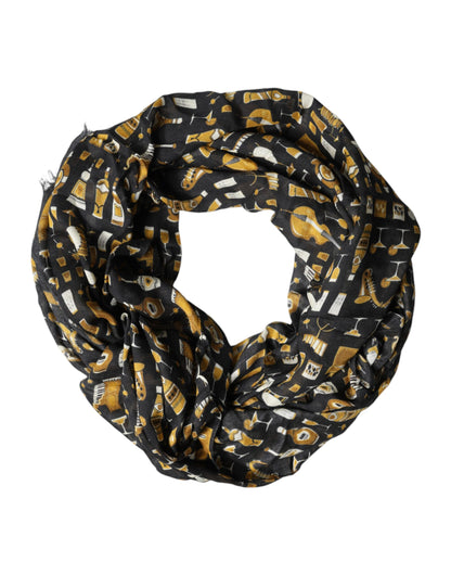 Dolce & Gabbana Black Jazz Club Print Neck Wrap Shawl Scarf