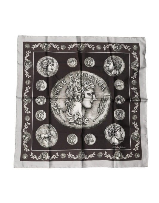 Dolce & Gabbana Brown Roman Coin Print Silk Square Foulard Scarf