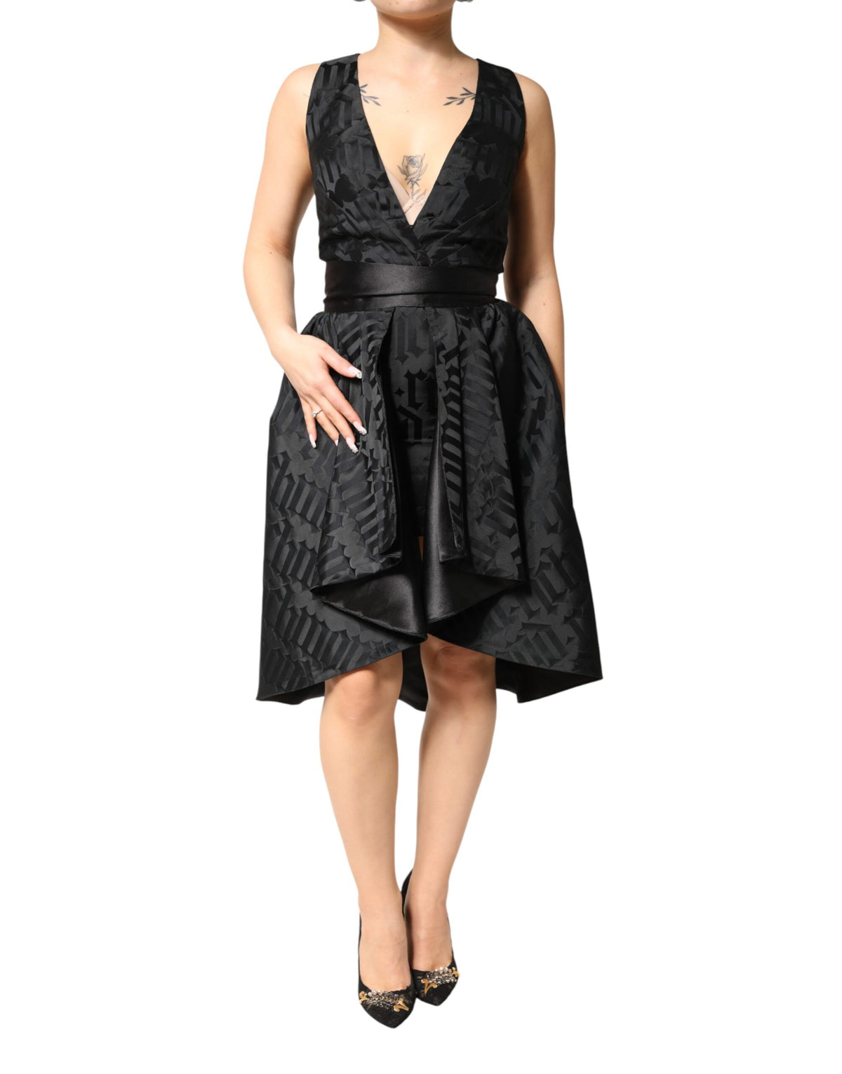 John Richmond Women's Sleeveless V Neck Stretch Viscose Midi Dress - Black Jacquard