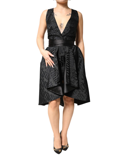 John Richmond Women's Sleeveless V Neck Stretch Viscose Midi Dress - Black Jacquard