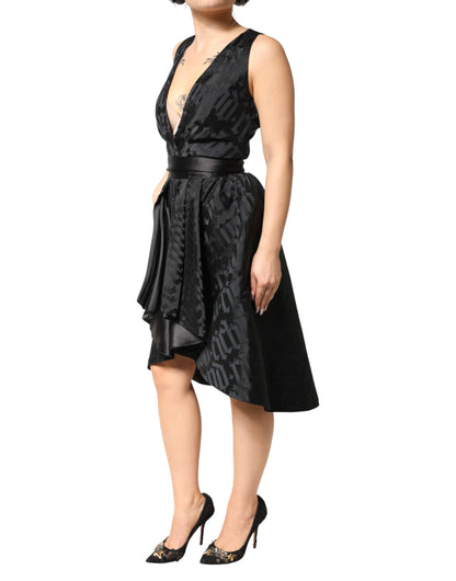 John Richmond Women's Sleeveless V Neck Stretch Viscose Midi Dress - Black Jacquard