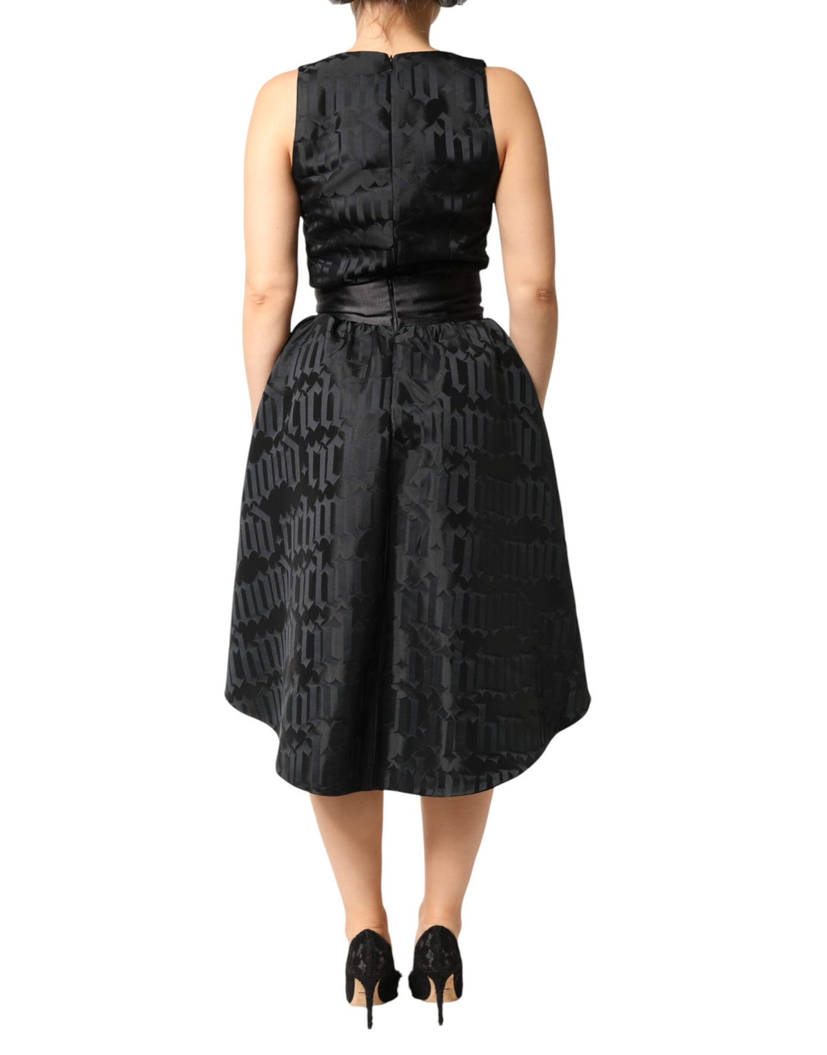 John Richmond Women's Sleeveless V Neck Stretch Viscose Midi Dress - Black Jacquard
