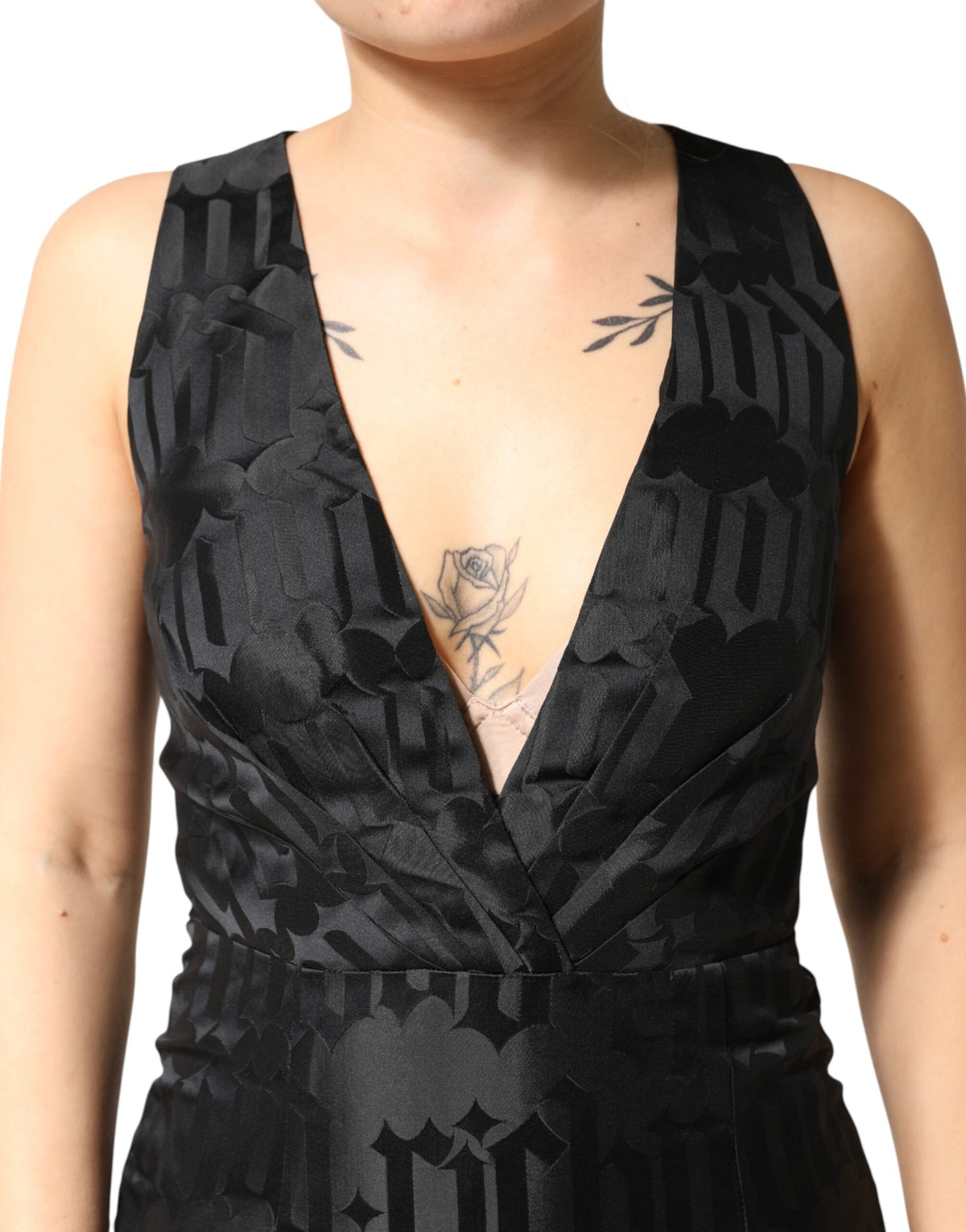 John Richmond Women's Sleeveless V Neck Stretch Viscose Midi Dress - Black Jacquard