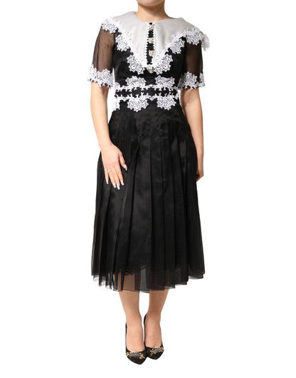 Dolce & Gabbana Women's Short-Sleeve Polyamide Polyester Cotton & Silk Midi Short Dress - Black White Patterned