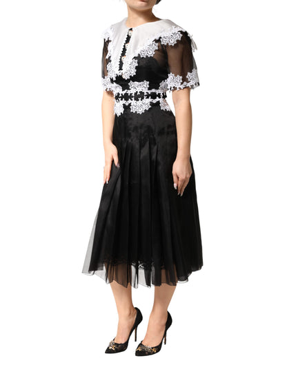 Dolce & Gabbana Women's Short-Sleeve Polyamide Polyester Cotton & Silk Midi Short Dress - Black White Patterned