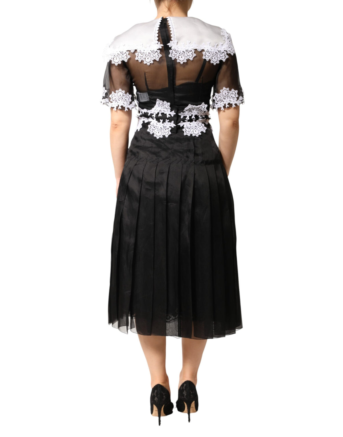Dolce & Gabbana Women's Short-Sleeve Polyamide Polyester Cotton & Silk Midi Short Dress - Black White Patterned