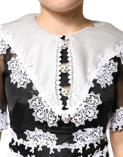 Dolce & Gabbana Women's Short-Sleeve Polyamide Polyester Cotton & Silk Midi Short Dress - Black White Patterned