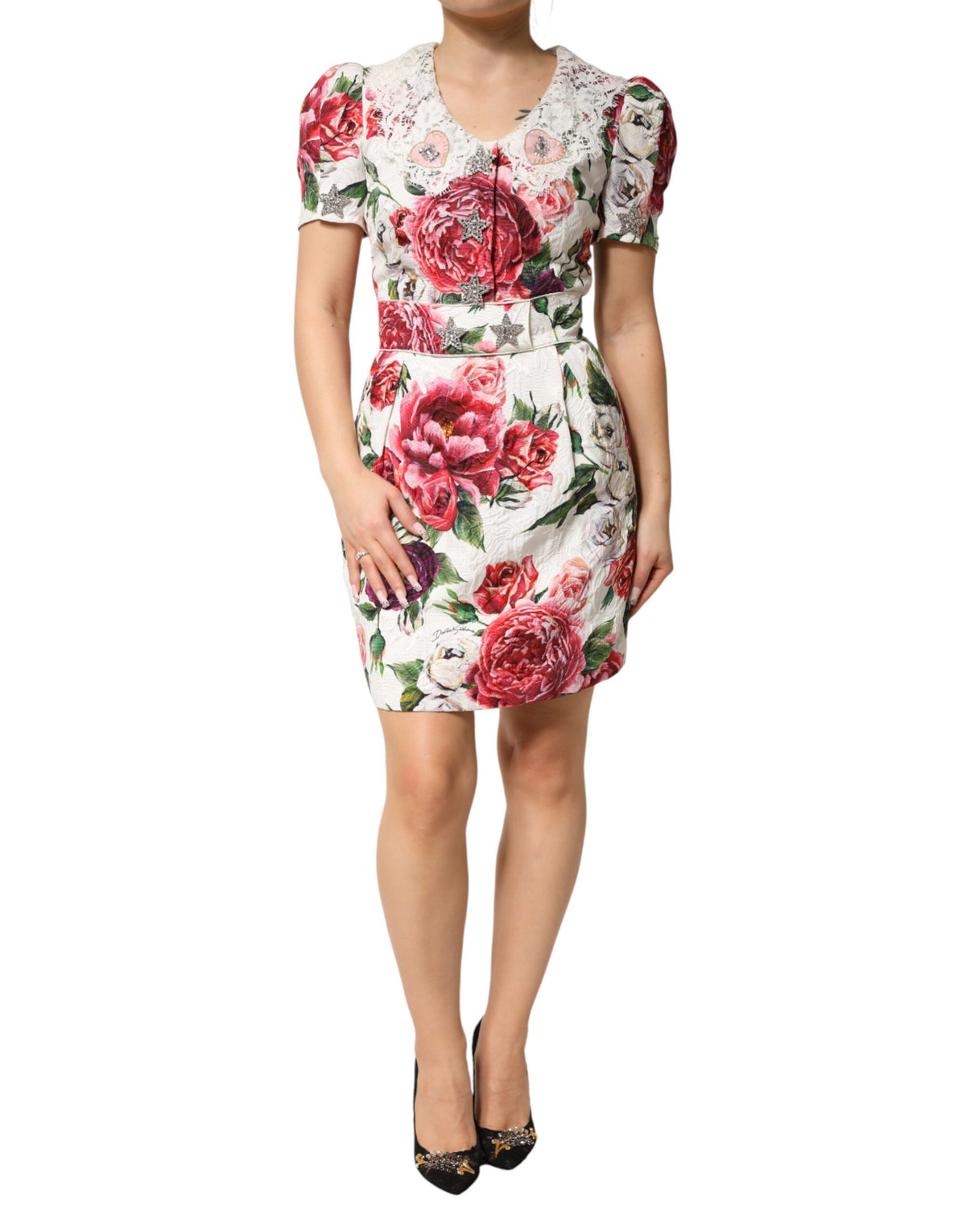 Dolce & Gabbana Women's Sheath Cocktail Short-Sleeve Cotton Polyester Silk & Viscose Short Mini Dress - White Patterned Floral
