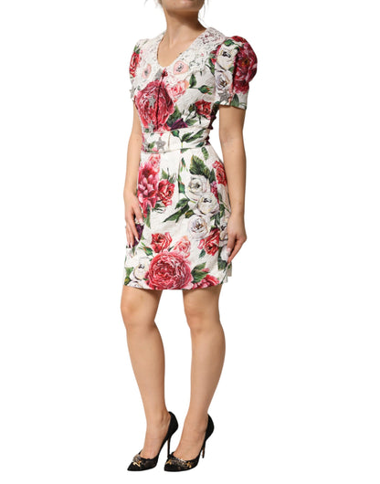 Dolce & Gabbana Women's Sheath Cocktail Short-Sleeve Cotton Polyester Silk & Viscose Short Mini Dress - White Patterned Floral