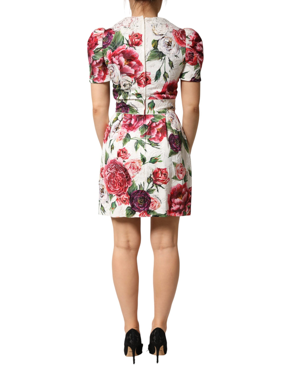 Dolce & Gabbana Women's Sheath Cocktail Short-Sleeve Cotton Polyester Silk & Viscose Short Mini Dress - White Patterned Floral