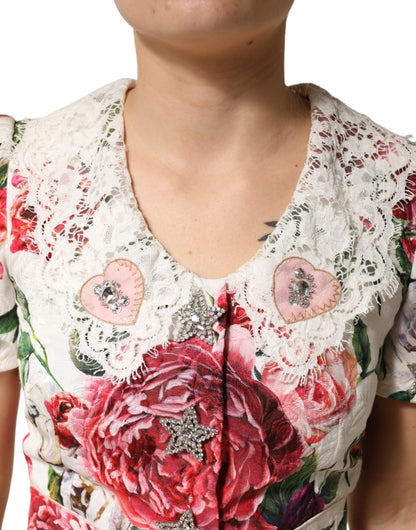 Dolce & Gabbana Women's Sheath Cocktail Short-Sleeve Cotton Polyester Silk & Viscose Short Mini Dress - White Patterned Floral