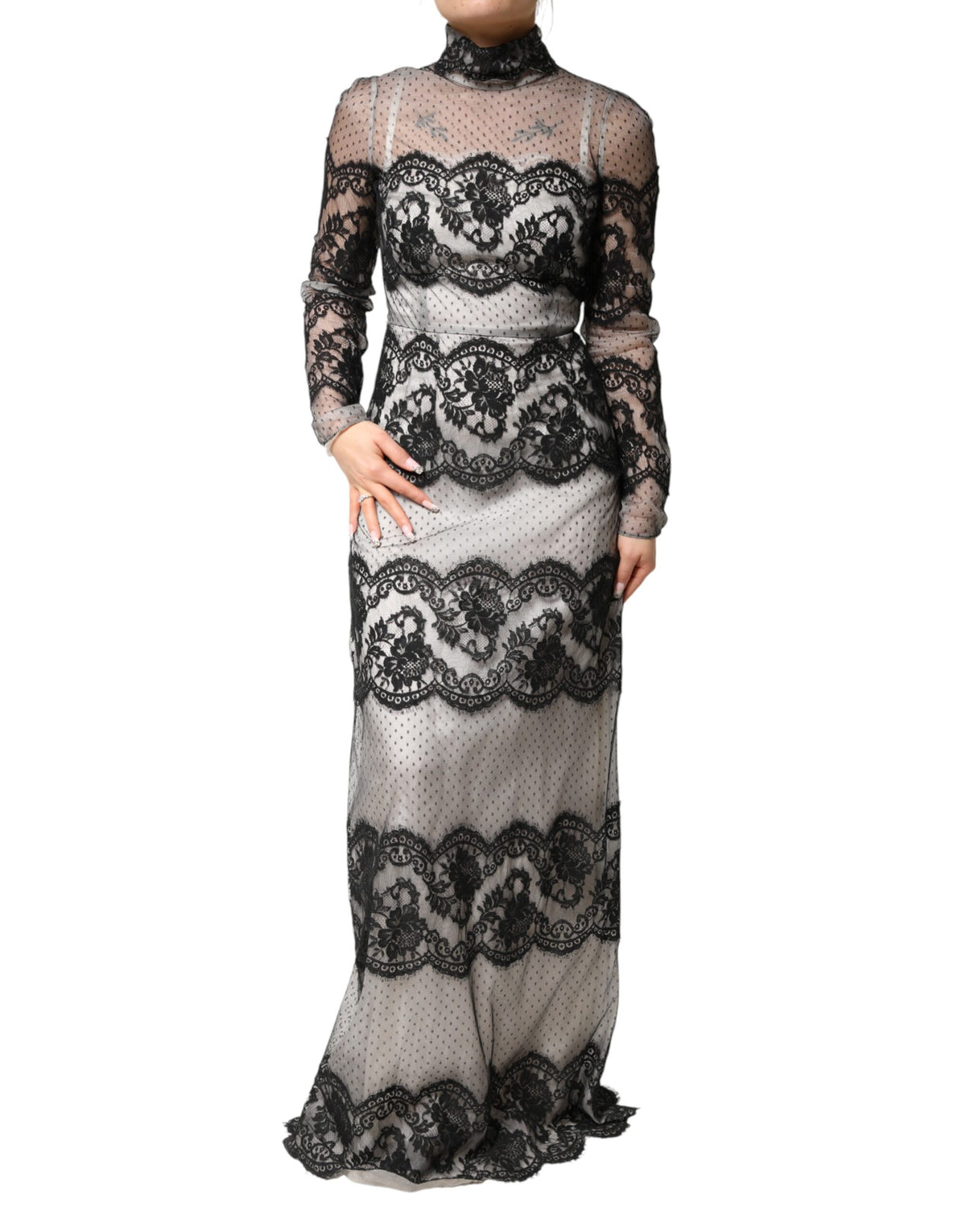 Dolce & Gabbana Women's Sheath Long-Sleeve Polyamide Polyester Cotton & Silk Maxi Long Dress - Black White Patterned