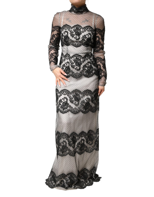 Dolce & Gabbana Women's Sheath Long-Sleeve Polyamide Polyester Cotton & Silk Maxi Long Dress - Black White Patterned