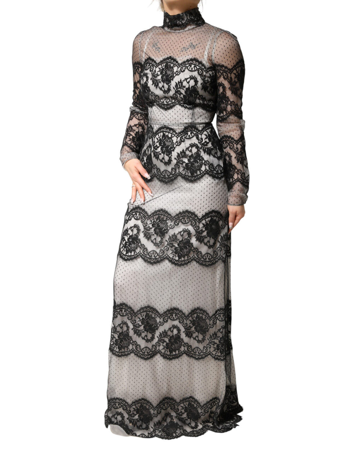 Dolce & Gabbana Women's Sheath Long-Sleeve Polyamide Polyester Cotton & Silk Maxi Long Dress - Black White Patterned