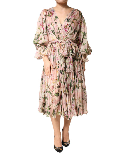 Dolce & Gabbana Women's A Line Long-Sleeve Silk Polyamide & Cotton Maxi Midi Long Dress - Pink Patterned Floral Print