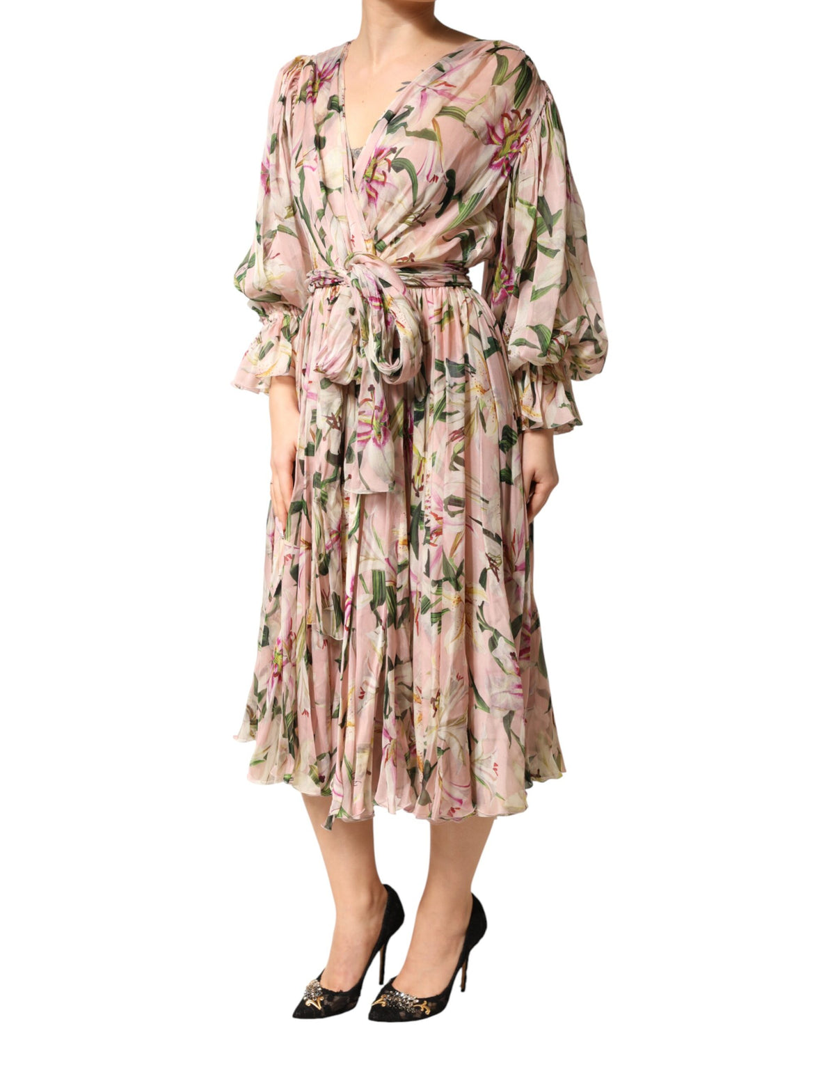 Dolce & Gabbana Women's A Line Long-Sleeve Silk Polyamide & Cotton Maxi Midi Long Dress - Pink Patterned Floral Print