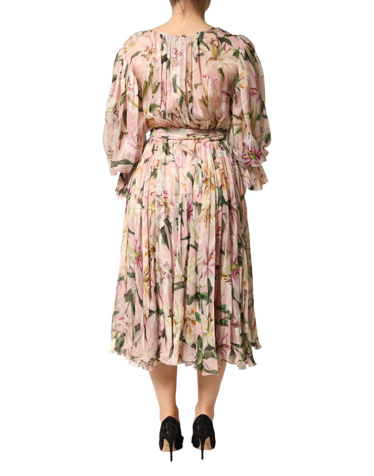 Dolce & Gabbana Women's A Line Long-Sleeve Silk Polyamide & Cotton Maxi Midi Long Dress - Pink Patterned Floral Print