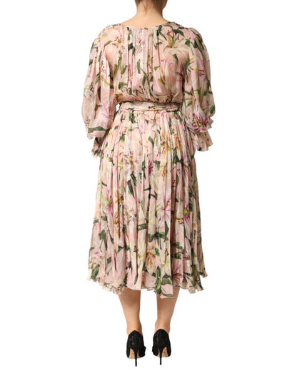 Dolce & Gabbana Women's A Line Long-Sleeve Silk Polyamide & Cotton Maxi Midi Long Dress - Pink Patterned Floral Print