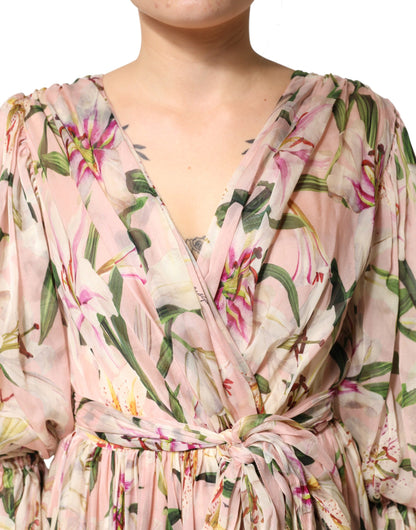 Dolce & Gabbana Women's A Line Long-Sleeve Silk Polyamide & Cotton Maxi Midi Long Dress - Pink Patterned Floral Print