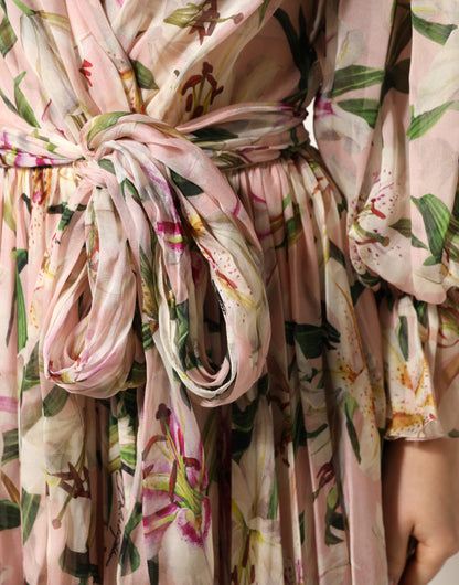 Dolce & Gabbana Women's A Line Long-Sleeve Silk Polyamide & Cotton Maxi Midi Long Dress - Pink Patterned Floral Print