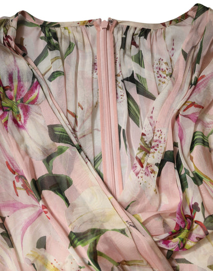 Dolce & Gabbana Women's A Line Long-Sleeve Silk Polyamide & Cotton Maxi Midi Long Dress - Pink Patterned Floral Print