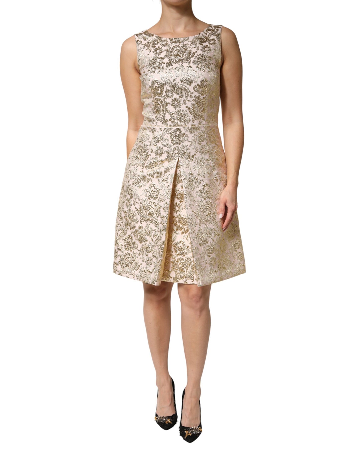 Dolce & Gabbana Beige Gold Floral Brocade Sleeveless Dress