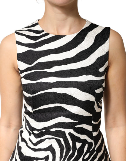 Dolce & Gabbana Women's A Line Sleeveless Viscose Polyester Cotton Short Mini Dress - Black White Zebra Patterned Print