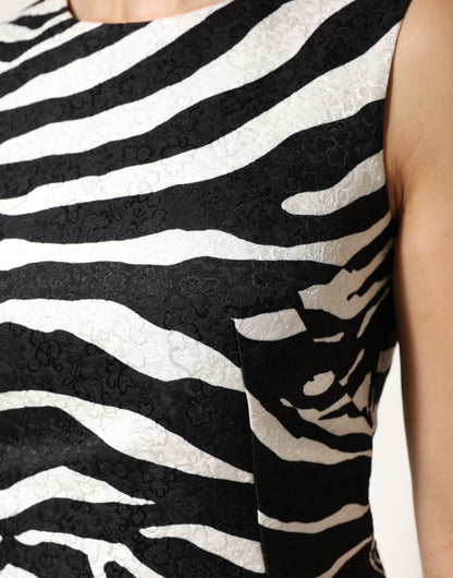 Dolce & Gabbana Women's A Line Sleeveless Viscose Polyester Cotton Short Mini Dress - Black White Zebra Patterned Print
