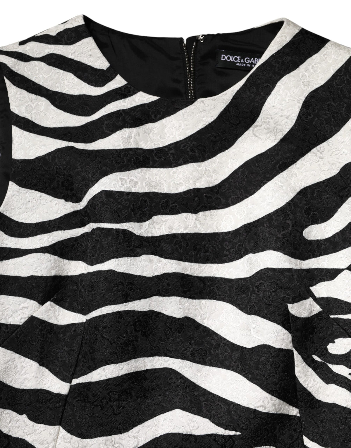 Dolce & Gabbana Women's A Line Sleeveless Viscose Polyester Cotton Short Mini Dress - Black White Zebra Patterned Print