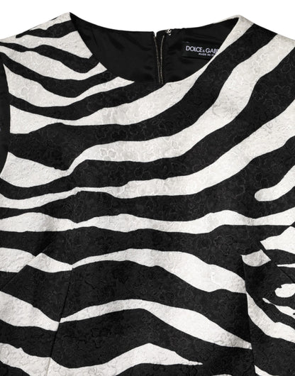 Dolce & Gabbana Women's A Line Sleeveless Viscose Polyester Cotton Short Mini Dress - Black White Zebra Patterned Print