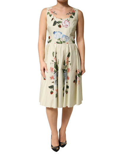 Dolce & Gabbana Women's A Line Sleeveless Cotton Midi Mini Dress - Beige Patterned Floral Print