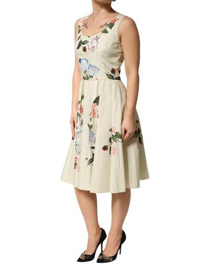 Dolce & Gabbana Women's A Line Sleeveless Cotton Midi Mini Dress - Beige Patterned Floral Print