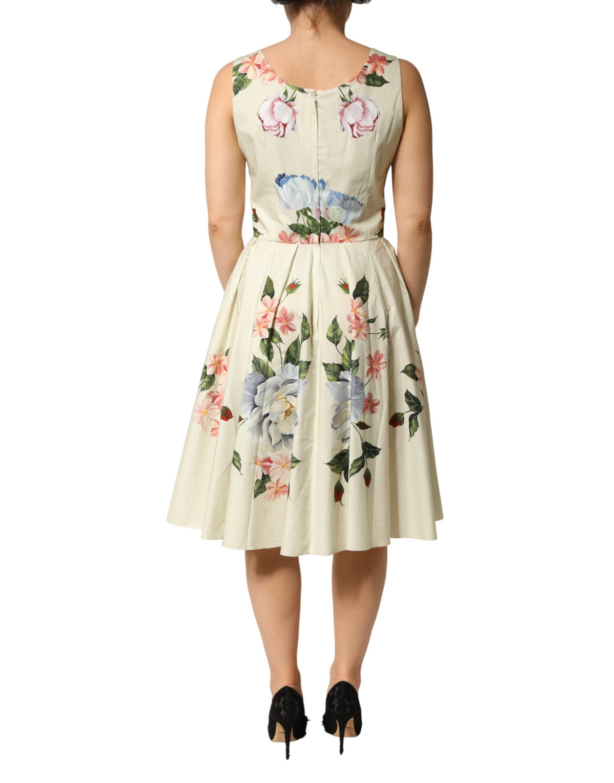 Dolce & Gabbana Women's A Line Sleeveless Cotton Midi Mini Dress - Beige Patterned Floral Print