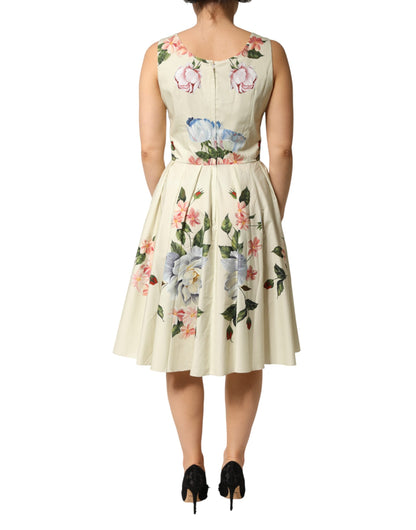 Dolce & Gabbana Women's A Line Sleeveless Cotton Midi Mini Dress - Beige Patterned Floral Print