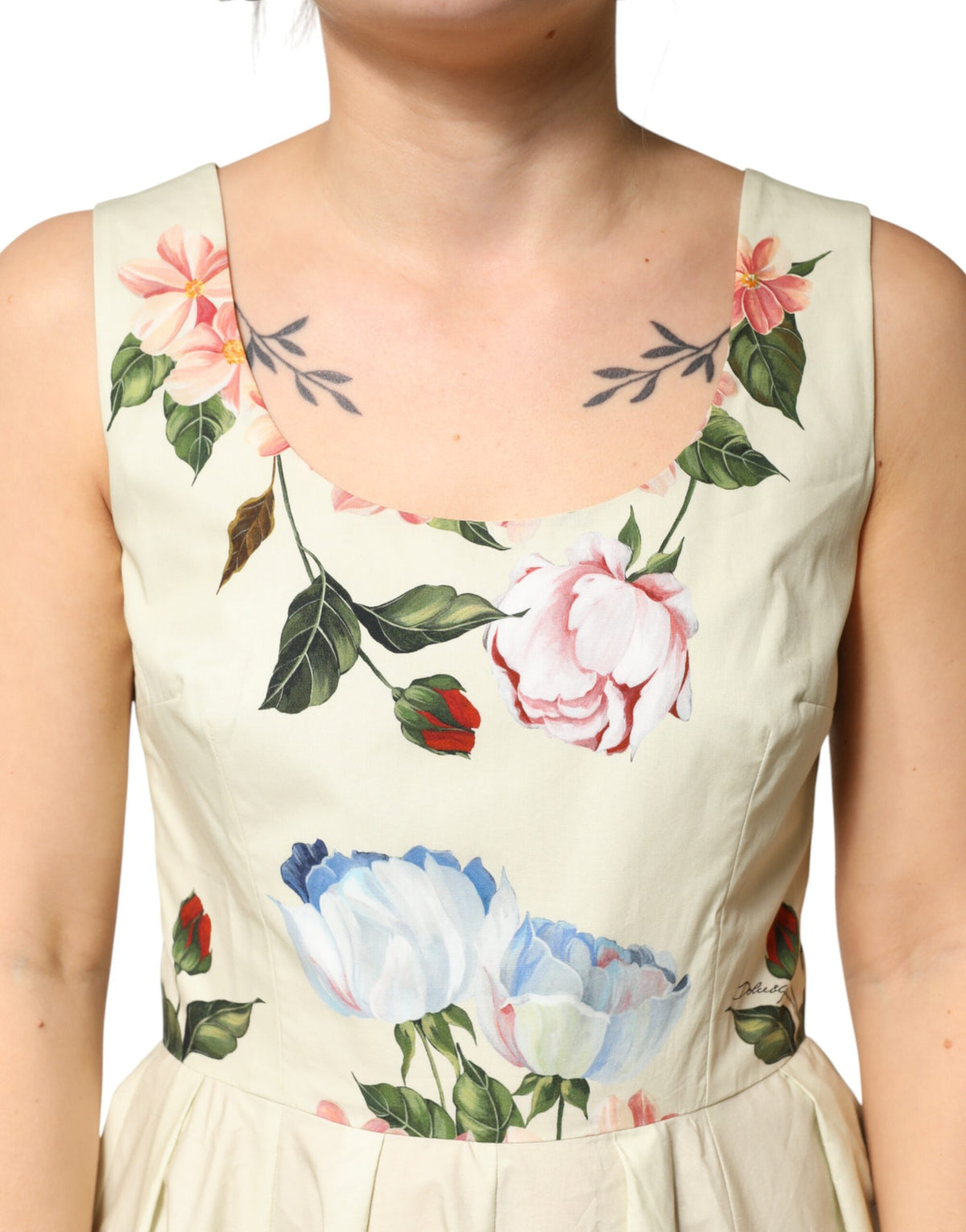 Dolce & Gabbana Women's A Line Sleeveless Cotton Midi Mini Dress - Beige Patterned Floral Print