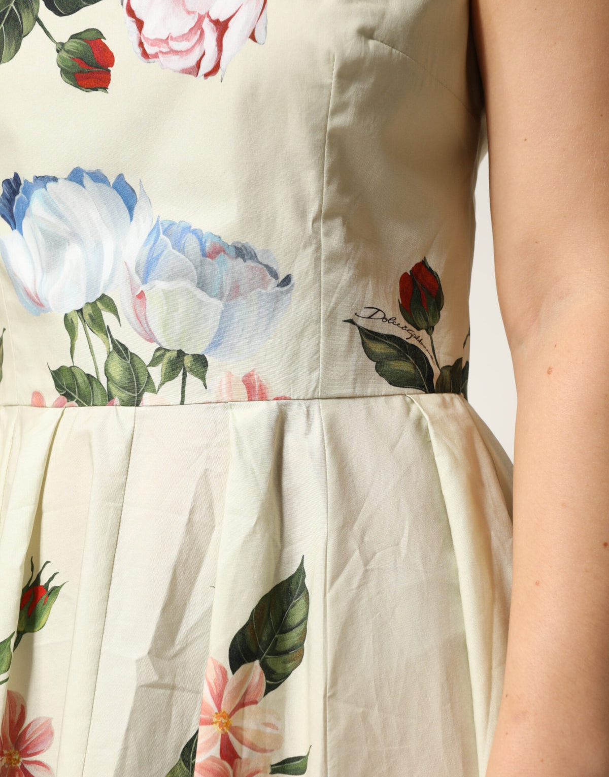 Dolce & Gabbana Women's A Line Sleeveless Cotton Midi Mini Dress - Beige Patterned Floral Print