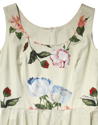 Dolce & Gabbana Women's A Line Sleeveless Cotton Midi Mini Dress - Beige Patterned Floral Print
