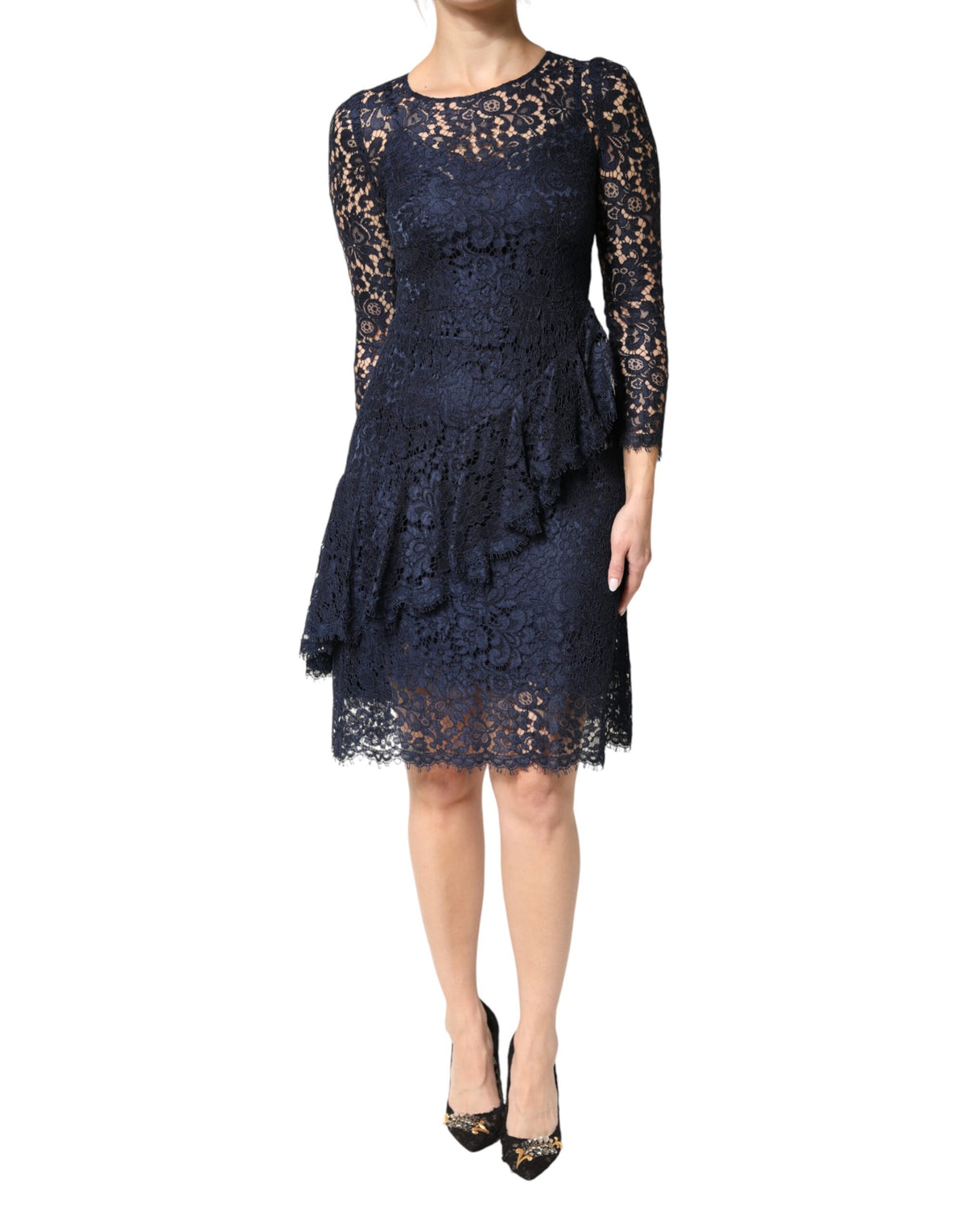 Dolce & Gabbana Women's A Line Long-Sleeve Cotton Silk Lace & Nylon Midi Knee Dress - Blue