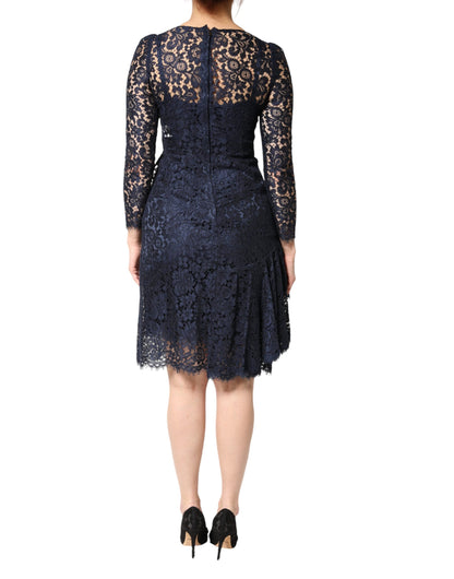 Dolce & Gabbana Women's A Line Long-Sleeve Cotton Silk Lace & Nylon Midi Knee Dress - Blue