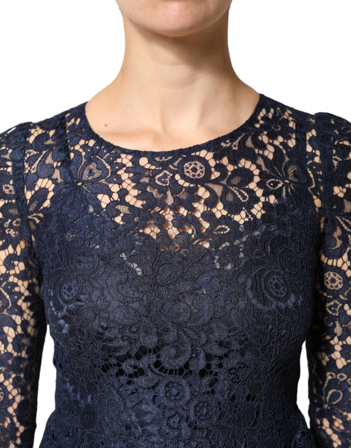 Dolce & Gabbana Women's A Line Long-Sleeve Cotton Silk Lace & Nylon Midi Knee Dress - Blue