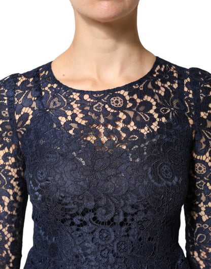 Dolce & Gabbana Women's A Line Long-Sleeve Cotton Silk Lace & Nylon Midi Knee Dress - Blue