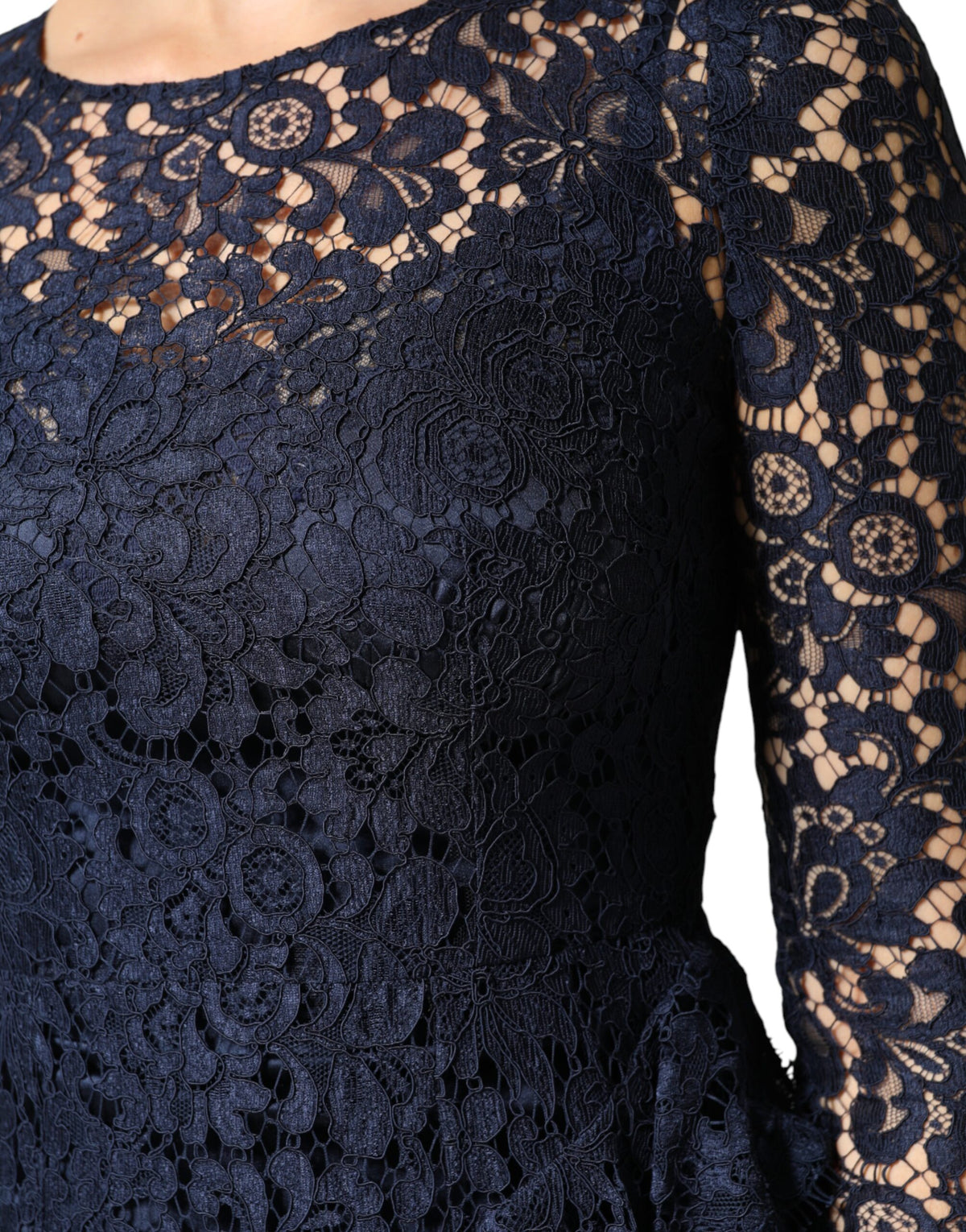 Dolce & Gabbana Women's A Line Long-Sleeve Cotton Silk Lace & Nylon Midi Knee Dress - Blue