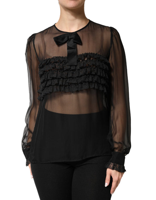 Dolce & Gabbana Black Silk Sheer Ruffle Tie-Neck Blouse Top