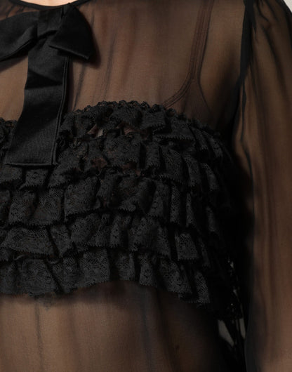 Dolce & Gabbana Black Silk Sheer Ruffle Tie-Neck Blouse Top