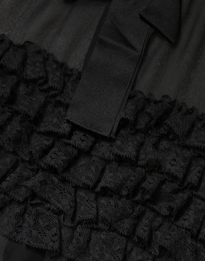 Dolce & Gabbana Black Silk Sheer Ruffle Tie-Neck Blouse Top