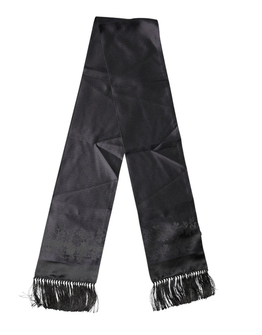 Dolce & Gabbana Black Satin Silk Fringes Neck Foulard Scarf