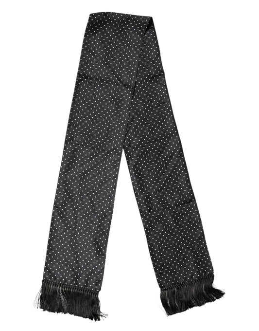 Dolce & Gabbana Black Polka Dot Fringes Silk Foulard 139cm x 14.5cm Scarf