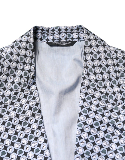 Dolce & Gabbana Men's Single Breasted Cotton Cupro & Virgin Wool Blazer - Blue Patterned