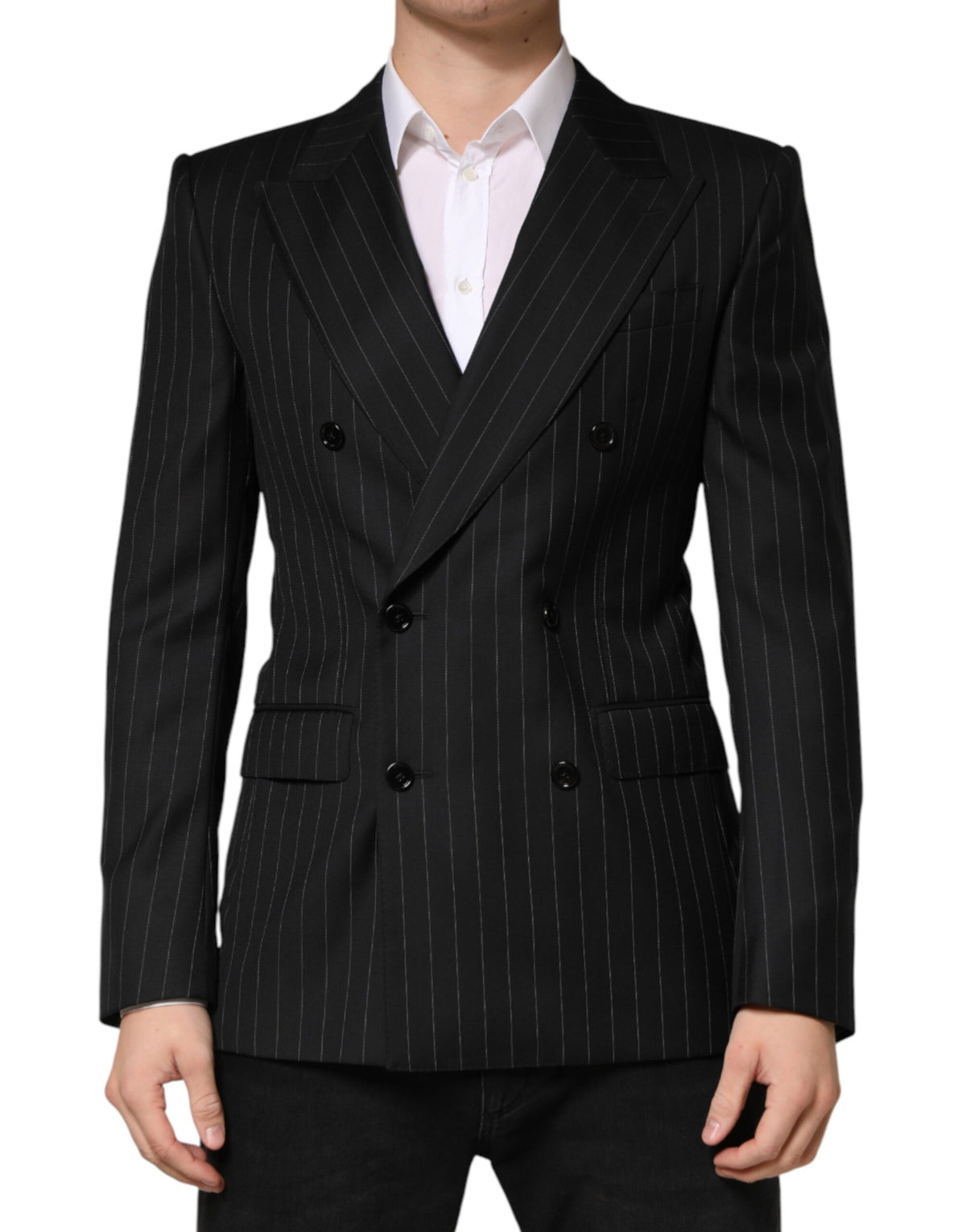 Dolce & Gabbana Men's Double Breasted Virgin Wool & Silk Blazer - Black Striped